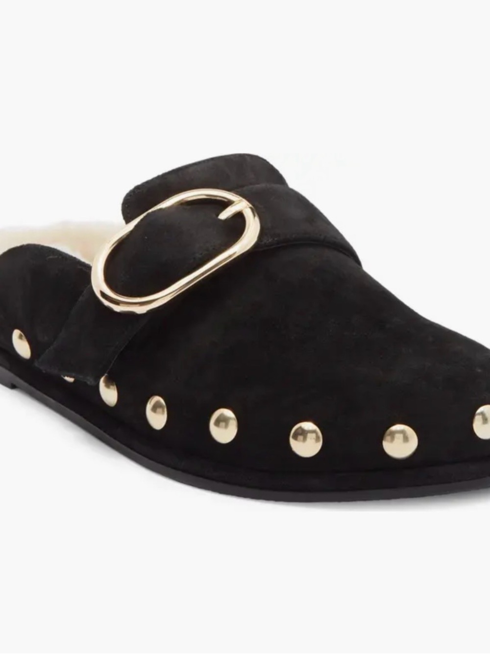 Stuart Weitzman Black Suede Mule with Gold Buckle & Studs